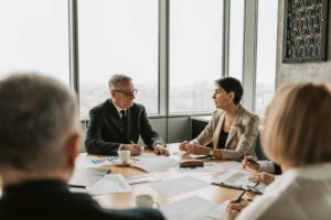 Professional business meeting in modern office setting