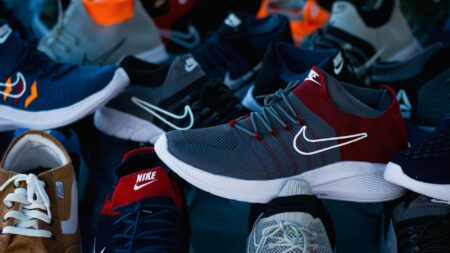 Close-up of stylish sneakers on fashion runway, showing modern footwear design trends