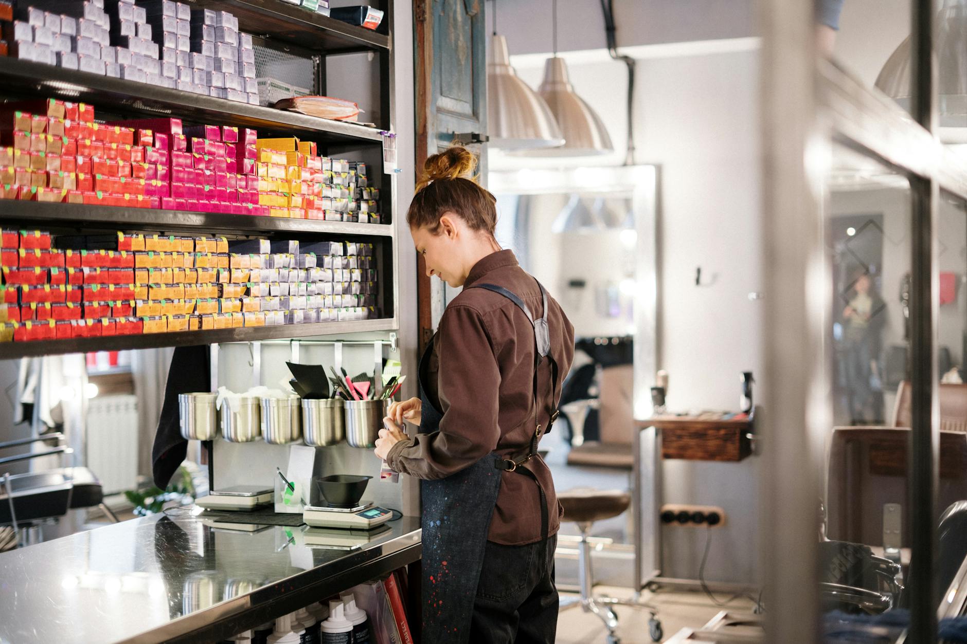 Modern upscale hair salon interior with styling chairs and professional equipment