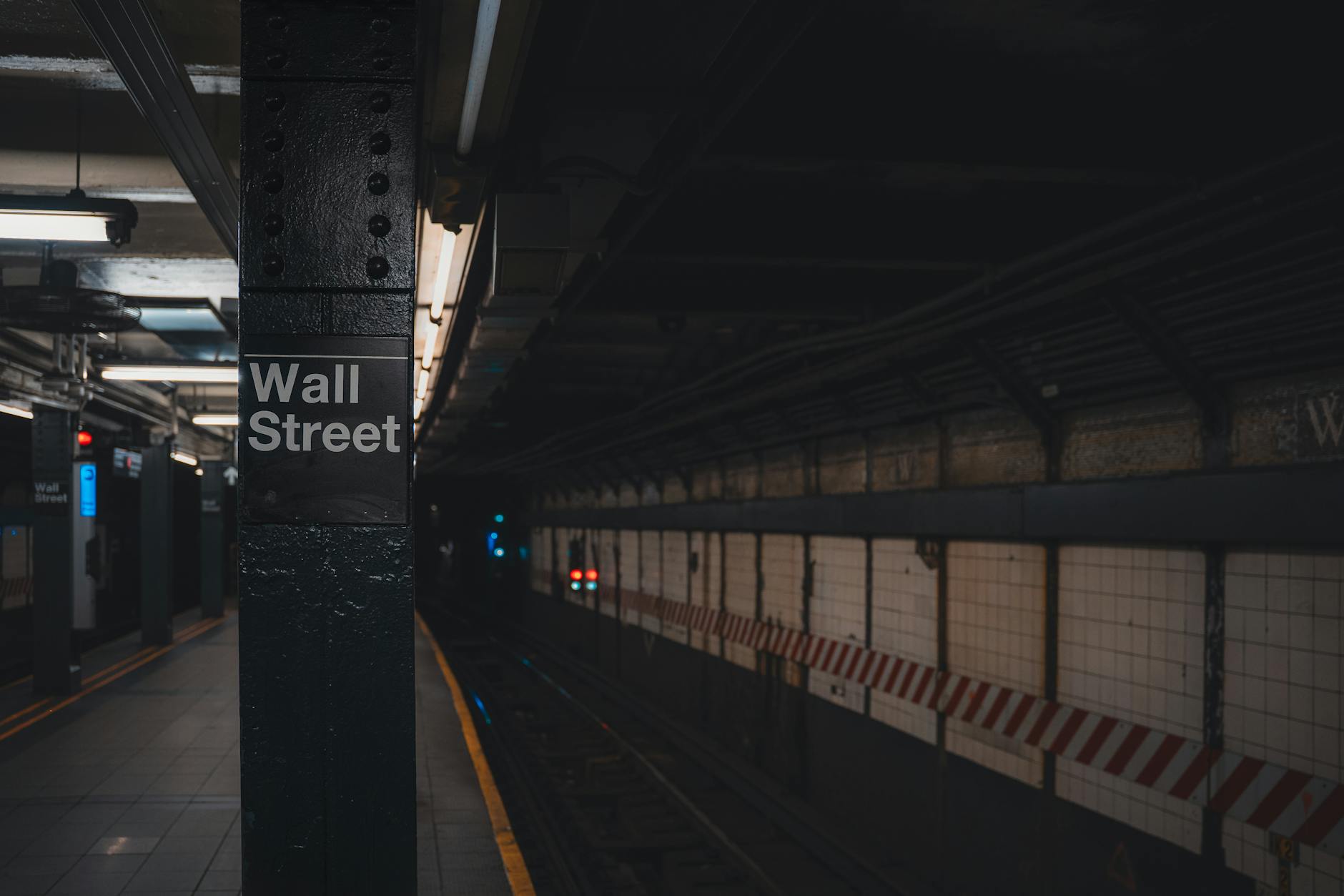 Financial district street scene with modern office buildings and business professionals