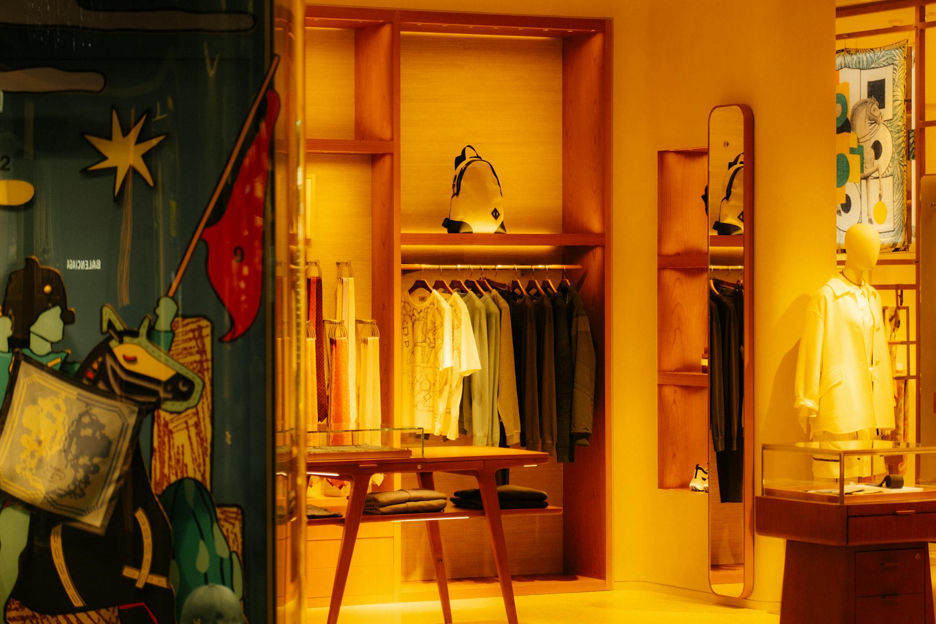 Interior of upscale fashion boutique displaying high-end clothing and accessories
