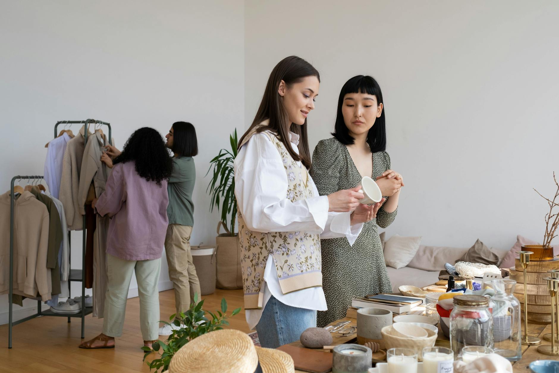 Person wearing timeless neutral clothing examining fabric quality in natural lighting