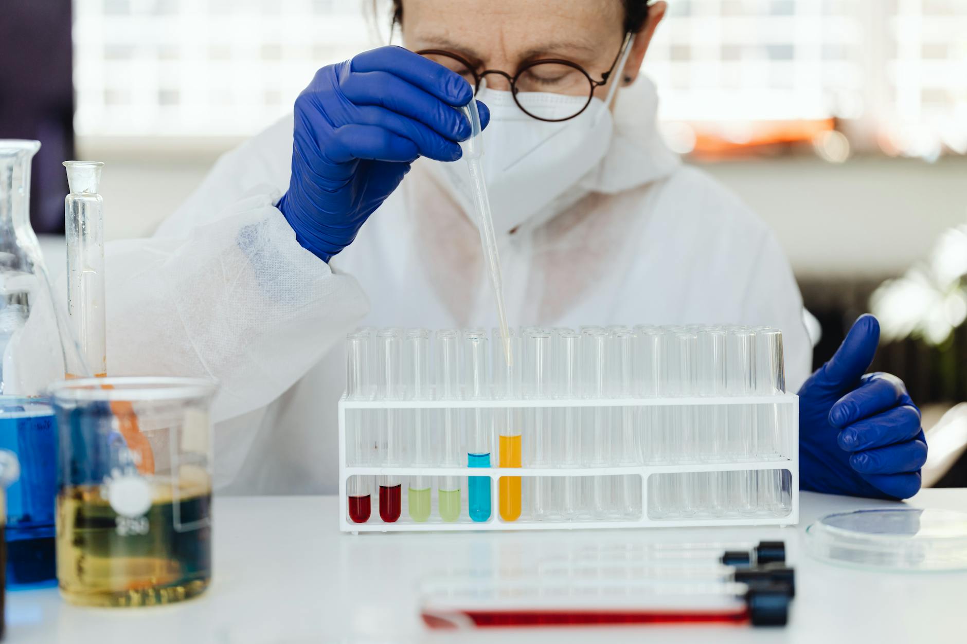Fragrance laboratory with scientist testing scent formulations for custom perfume development