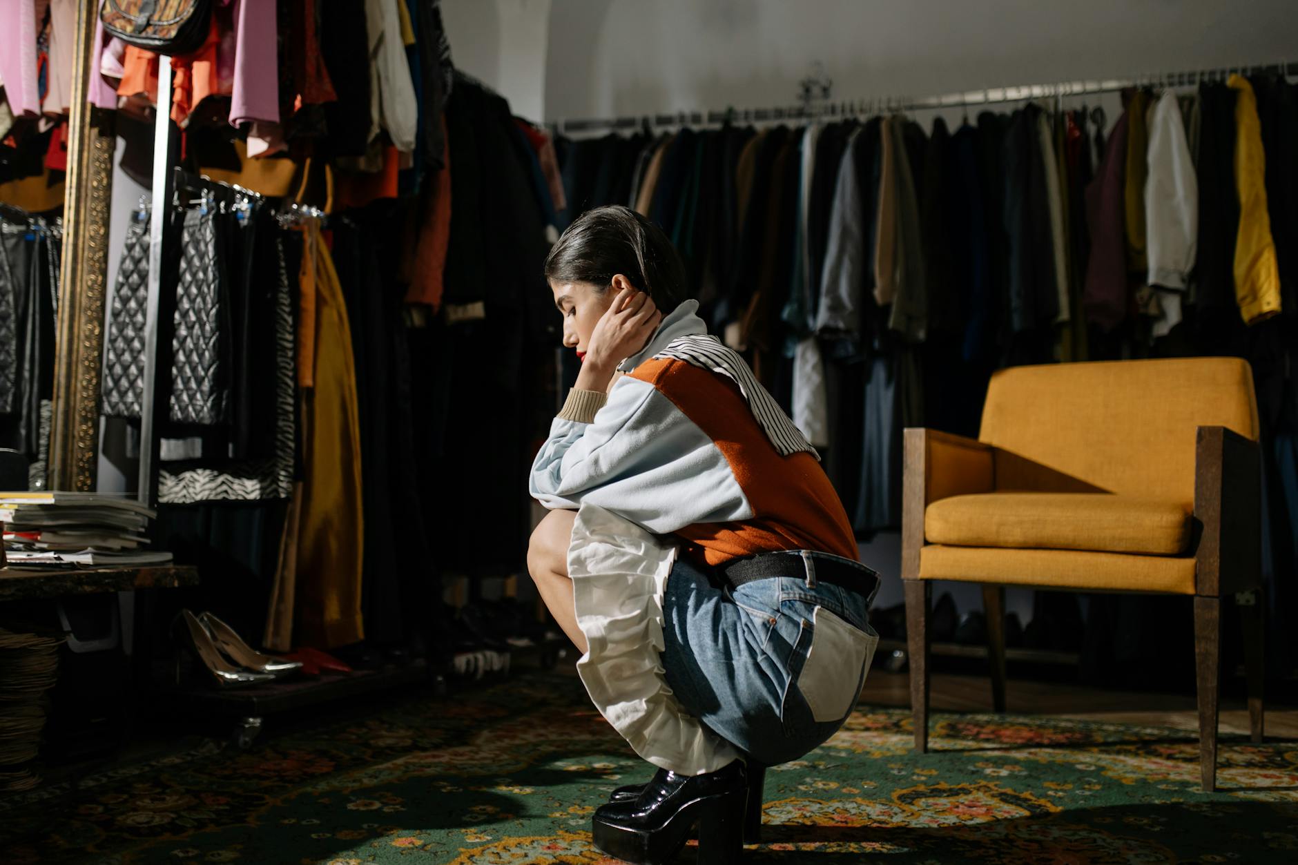 Collection of vintage clothing items hanging on rack