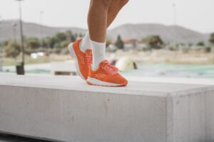 Close-up of bold colorful athletic sneakers displayed on a clean surface