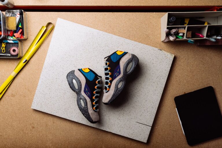 Close-up of experimental sneaker design in a creative studio setting