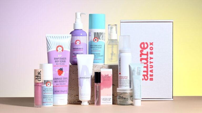 Flat lay of skincare and hair care products from a monthly beauty subscription box