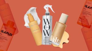 Assorted summer beauty products including sunscreen and hair care on a bright surface