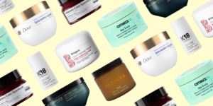 An assortment of hair mask and treatment products arranged on a bathroom shelf