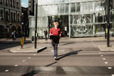 Street-level fashion scene in a British city outside London