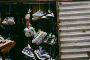 Vibrant limited-edition sneakers arranged on a display surface
