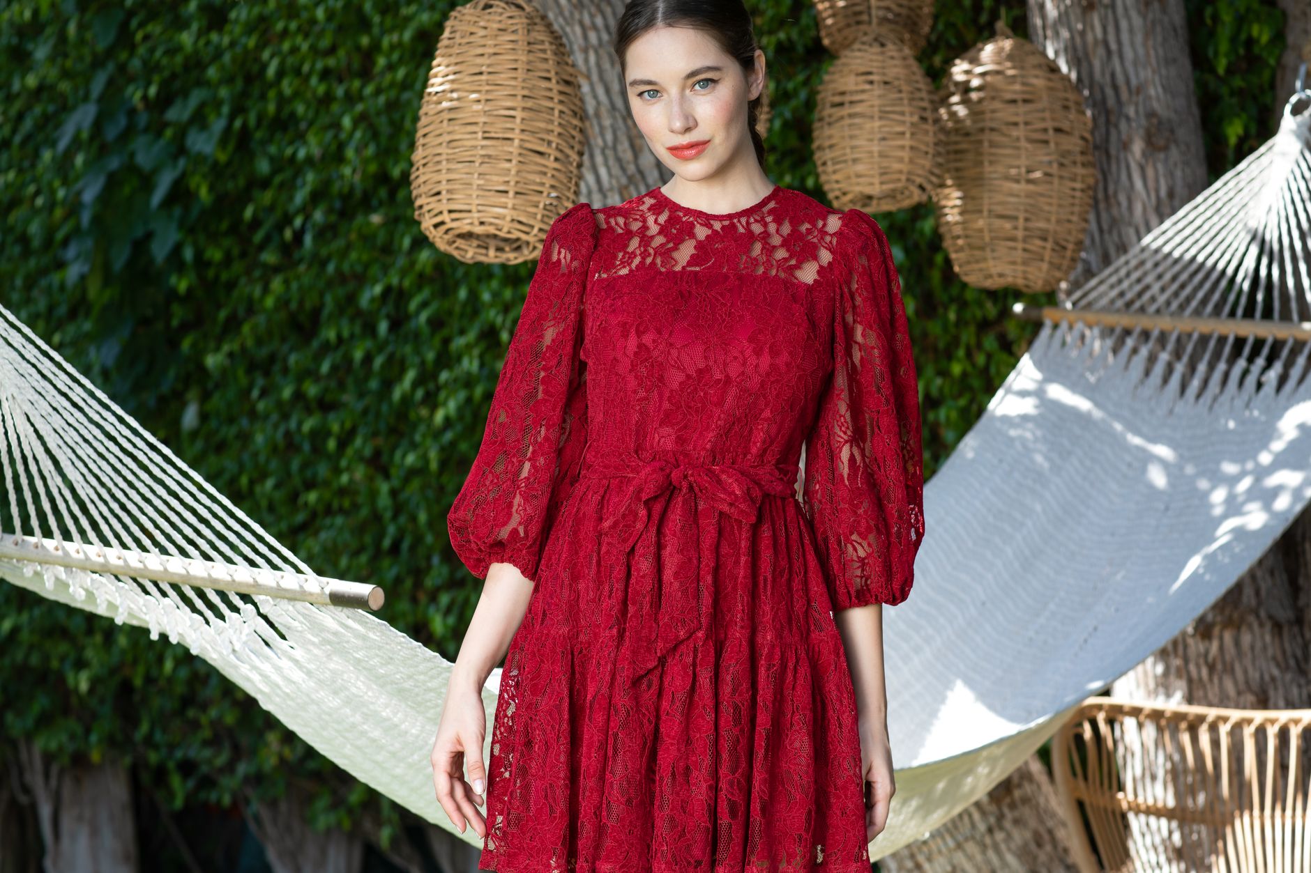 Close-up of a feminine lacy dress worn at a performance event