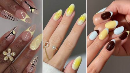Close-up of pale butter yellow nail polish on natural nails