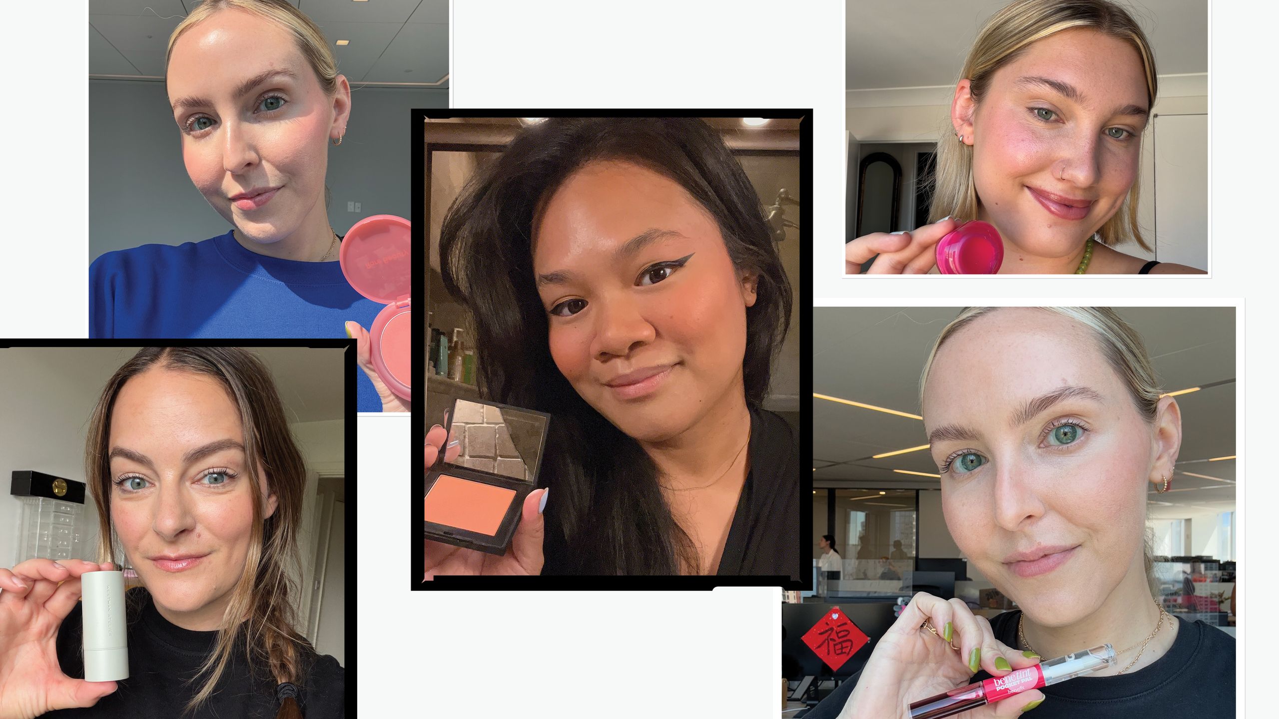 Woman applying cream blush to cheekbones with fingertips