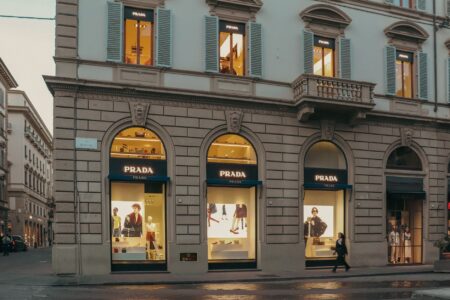 Interior of a high-end luxury fashion boutique with designer displays