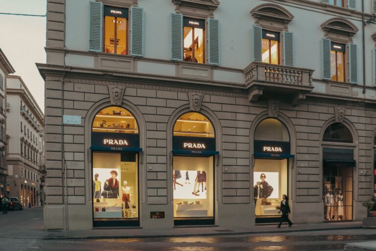 Interior of a high-end luxury fashion boutique with designer displays