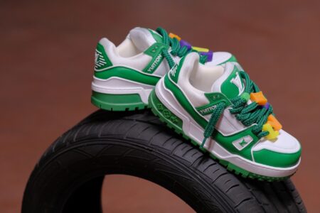 Close-up of Italian luxury sneakers on a clean white surface
