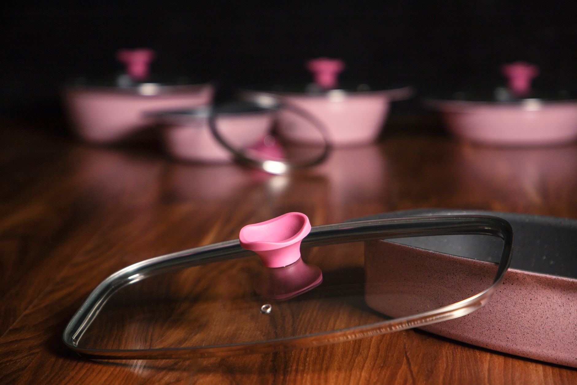 Ceramic cookware set arranged on a kitchen counter