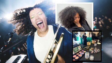 Laura Bibbs Interviews Harry Styles’ Trumpeter on Life and Music Woman with healthy natural curls styled and showcased against a neutral background